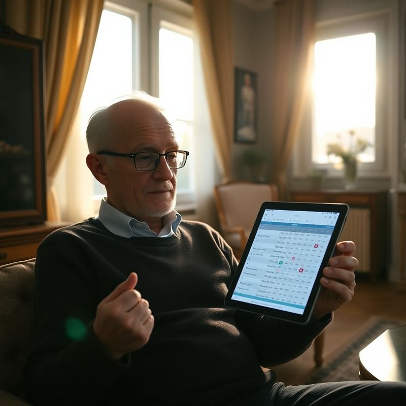 Senior studuje harmonogram příjmů na tabletu